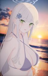 1girl bikini blush breasts criss-cross_halter cross_hair_ornament girls&#039;_frontline green_eyes grey_bikini grey_hair hair_ornament halo halterneck highres hk416_(girls&#039;_frontline) large_breasts long_hair looking_at_viewer open_mouth solo swimsuit tattoo teardrop_facial_mark teardrop_tattoo uchikata_takeaki