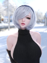 Rule 34 | 1girl, 3d, black gloves, black sweater, blue eyes, blurry, blurry background, breasts, derivative work, elbow gloves, eyelashes, female focus, gloves, grey hair, hair over one eye, hairband, highres, large breasts, lips, looking at viewer, meme attire, mole, mole under mouth, nier (series), nier:automata, nose, outdoors, pod (nier:automata), qq1216241707, ruoxin zhang, short hair, sideboob, snow, sweater, virgin killer sweater, winter, 2b (nier:automata)
