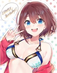 Rule 34 | 1girl, :d, bare shoulders, bikini, blue eyes, blush, borrowed character, breasts, brown hair, collarbone, hair between eyes, halterneck, halterneck, hand up, happy birthday, highres, hitoyo (baffu), jacket, large breasts, looking at viewer, medium breasts, nana kagura, off shoulder, open clothes, open jacket, open mouth, original, polka dot, polka dot background, red jacket, short hair, smile, solo, speech bubble, swimsuit, upper body, v, white bikini