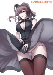 Rule 34 | 1girl, black dress, blue eyes, breast pocket, breasts, brown hair, brown thighhighs, center opening, crotch seam, dress, edwin (cyberdark impacts), gesugao, glaring, gluteal fold, hair between eyes, highres, kantai collection, large breasts, long hair, looking at viewer, open mouth, out of character, panties, patreon username, pocket, ponytail, saratoga (kancolle), shaded face, side-tie panties, side ponytail, sidelocks, simple background, smokestack, solo, thighhighs, thighs, underwear, white background, white panties, wind, wind lift