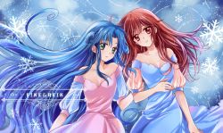 Rule 34 | 2girls, absurdres, blue background, blue dress, blue hair, breasts, brown hair, character name, cleavage, dress, fine (futagohime), fushigiboshi no futago hime, green eyes, highres, long hair, multiple girls, pink dress, puffy sleeves, red eyes, rein (futagohime), small breasts, snowflakes, suzuki (2red moon3), very long hair
