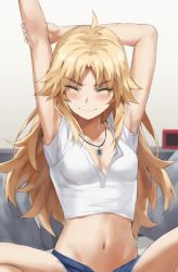 Rule 34 | 1girl, arms up, blonde hair, blue shorts, breasts, closed eyes, collarbone, crop top, fate/apocrypha, fate (series), highres, jewelry, long hair, midriff, mordred (fate), mordred (fate/apocrypha), navel, necklace, parted bangs, shirt, short shorts, short sleeves, shorts, sidelocks, sitting, small breasts, solo, tonee, white shirt