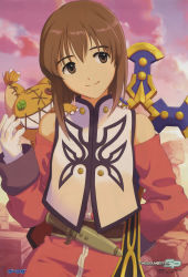 Rule 34 | 1girl, absurdres, anise tatlin, anise tatlin (cosplay), annindoufu (oicon), bob cut, brown eyes, brown hair, company connection, cosplay, detached sleeves, gloves, hagiwara yukiho, highres, idolmaster, idolmaster (classic), official art, scan, short hair, smile, solo, tales of (series), tales of the abyss, tokunaga (tales)