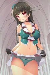 Rule 34 | 1girl, anshinmama, armlet, bare shoulders, black choker, black gloves, black hair, black skirt, blush, breasts, ceiling, choker, choukai (kancolle), choukai kai ni (kancolle), cleavage, clothes lift, collarbone, commentary request, cowboy shot, glasses, gloves, green hat, green panties, green vest, hat, head tilt, headgear, highres, indoors, kantai collection, large breasts, lifted by self, long hair, looking at viewer, mini hat, miniskirt, navel, open mouth, panties, polka dot, polka dot panties, red eyes, rimless eyewear, skirt, skirt lift, solo, stomach, straight hair, thighs, underwear, upper body, vest, wavy mouth, white skirt