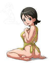 Rule 34 | 1girl, apron, ass, between legs, black eyes, black hair, blush, breasts, from behind, hand between legs, inazuma eleven, inazuma eleven (series), isu, kino aki, large breasts, looking back, lowres, naked apron, open mouth, penis, poking, sitting, smile, solo, solo focus, wariza, when you see it