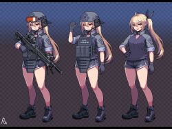 1girl :d ahoge ammunition_pouch blonde_hair breasts bulletproof_vest combat_shirt commission dolphin_shorts e79 full_body gloves gun hand_on_own_hip headset kac_lamg large_breasts looking_at_viewer machine_gun open_mouth original pixel_art ponytail pouch red_eyes ribbon shiny_skin shoes shorts side_ponytail smile weapon