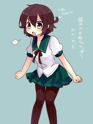Rule 34 | &gt;:o, 10s, 1girl, :o, blue background, blush, brown hair, clenched hands, hair flaps, kantai collection, knees together feet apart, mutsuki (kancolle), nagasioo, neck ribbon, pantyhose, pleated skirt, ribbon, school uniform, serafuku, short hair, sigh, skirt, standing, translation request, v-shaped eyebrows, yellow eyes
