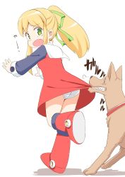 Rule 34 | 1girl, ass, biting, blonde hair, boots, capcom, clothes pull, dog, dress, dress pull, green eyes, hair ribbon, knee boots, mega man (classic), mega man (series), open mouth, panties, pantyshot, ponytail, pulling another&#039;s clothes, red skirt, ribbon, roll (mega man), skirt, skirt pull, solo, takayaki, tears, underwear, upskirt, wavy mouth, white panties