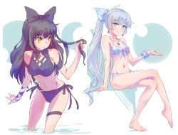 Rule 34 | 2girls, arm at side, arm strap, bare arms, bare legs, barefoot, bikini, black bikini, black hair, black ribbon, blake belladonna, blue bikini, blue bow, blue eyes, blush, bow, breasts, closed mouth, crossed legs, eyebrows, front-tie bikini top, front-tie top, hair bow, highres, iesupa, jewelry, leaning forward, liquid, long hair, looking at viewer, looking to the side, medium breasts, multiple girls, navel, necklace, pendant, ponytail, ribbon, rwby, scar, scar across eye, scar on face, scar on stomach, scrunchie, side-tie bikini bottom, sitting, small breasts, smile, stomach, swimsuit, thigh strap, two-tone background, very long hair, wading, weiss schnee, white hair, wrist scrunchie, yellow eyes