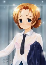 Rule 34 | 10s, 1girl, artist name, bad id, bad twitter id, black bow, black necktie, blue eyes, blue sweater, blush, bow, bra visible through clothes, braid, bralines, closed mouth, commentary request, dress shirt, girls und panzer, hair bow, haruhata mutsuki, holding, long sleeves, looking at viewer, necktie, orange hair, orange pekoe (girls und panzer), parted bangs, school uniform, see-through, shirt, short hair, signature, smile, solo, standing, sweater, unworn sweater, twin braids, twintails, twitter username, untucked shirt, upper body, wet, wet clothes, wet hair, wet shirt, white shirt