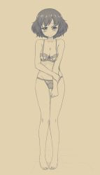 Rule 34 | 1girl, absurdres, akiyama yukari, blush, bra, embarrassed, full body, girls und panzer, highres, lingerie, looking at viewer, panties, short hair, solo, standing, underwear