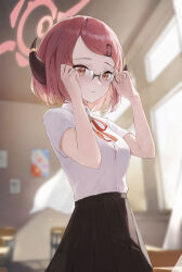 Rule 34 | 1girl, absurdres, aru (blue archive), aru (young) (blue archive), black skirt, blue archive, blurry, blurry background, blush, bra, brown horns, chair, classroom, collared shirt, commentary, demon horns, desk, glasses, halo, highres, horns, indoors, jiang zhuti jiojio, neck ribbon, open mouth, pink bra, pink hair, pink halo, pleated skirt, red ribbon, ribbon, school chair, school desk, shirt, short hair, short sleeves, skirt, solo, symbol-only commentary, underwear, white shirt, yellow eyes