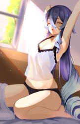 Rule 34 | 1girl, absurdres, armpits, arms up, bare arms, bare shoulders, black panties, blue hair, blurry, blurry background, breasts, camisole, cleavage, collarbone, commentary request, crop top, depth of field, ekusera, genshin impact, hair between eyes, highres, layla (genshin impact), long hair, looking at viewer, medium breasts, one eye closed, open mouth, orange eyes, panties, ringlets, solo, underwear, underwear only, very long hair, waking up, white camisole, window