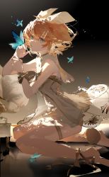 Rule 34 | 1girl, 9degree, absurdres, blonde hair, blue eyes, bow, bug, butterfly, dress, hair bow, highres, insect, kagamine rin, miku symphony (vocaloid), phonograph, short hair, sitting, sleeveless, solo, vocaloid