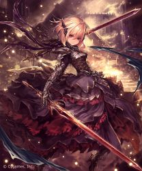 Rule 34 | 10s, 1girl, armor, armored boots, armored dress, blonde hair, boots, breastplate, brown eyes, cape, company name, dress, dual wielding, expressionless, gauntlets, greaves, hair between eyes, high heels, highres, holding, holding sword, holding weapon, horns, light particles, looking at viewer, melissa (shingeki no bahamut), official art, pauldrons, runes, shingeki no bahamut, short hair, shoulder armor, solo, stairs, sword, tachikawa mushimaro, torn clothes, watermark, weapon
