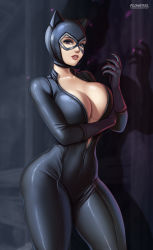 Rule 34 | artist name, ass, black bodysuit, bodysuit, breast hold, breasts, cat mask, catwoman, claws, cleavage, collarbone, commentary, covered navel, cowboy shot, dc comics, english commentary, eyebrows, flowerxl, hand up, large breasts, legs apart, looking at viewer, mask, open bodysuit, open clothes, open mouth, red eyes, red lips, shadow, shiny clothes, standing, teeth, thick thighs, thighs, western comics (style)