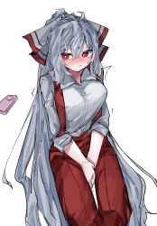 Rule 34 | 1girl, ahoge, baggy pants, between legs, blush, bow, breasts, closed mouth, collared shirt, feet out of frame, fujiwara no mokou, grey hair, hair bow, hand between legs, hands on own crotch, highres, large breasts, long hair, long sleeves, looking to the side, messy hair, nose blush, pants, red eyes, red pants, remote control vibrator, sex toy, shirt, sidelocks, suspenders, touhou, trembling, very long hair, vibrator, vivo (vivo sun 0222), white background, white bow, white shirt