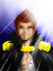 Rule 34 | 1boy, bandages, fairy tail, gildarts clive, highres, looking at viewer, male focus, red hair, scar, solo, upper body