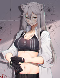 Rule 34 | 1girl, absurdres, adjusting clothes, adjusting gloves, animal ear fluff, animal ears, black gloves, blood, blood on breasts, blood on face, breasts, bullet hole, cleavage, collared shirt, crop top, ear piercing, gloves, grey eyes, hair between eyes, highres, hololive, large breasts, lion ears, long hair, long sleeves, looking at viewer, navel, open clothes, open shirt, parted lips, piercing, shirt, shishiro botan, shishiro botan (button-down), silver hair, solo, stomach, underwear, upper body, v-shaped eyebrows, virtual youtuber, white shirt, yuya (yuya illust)