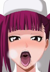 Rule 34 | 1girl, bleach, blunt bangs, blush, breath, brown eyes, dokugamine riruka, hat, highres, kh-fullhouse, long hair, looking at viewer, open mouth, oral invitation, portrait, pov, purple eyes, purple hair, saliva, solo, sweat, sweatdrop, tongue, tongue out, twintails, uvula
