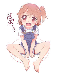 Rule 34 | 1girl, :d, barefoot, between legs, blush, brown hair, fang, feet, hair between eyes, hand between legs, hoshino hinata, jigatei (omijin), looking at viewer, one side up, open mouth, overall shorts, overalls, red eyes, shirt, short sleeves, simple background, sitting, smile, solo, translation request, watashi ni tenshi ga maiorita!, white background, white shirt