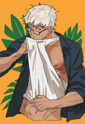 Rule 34 | 1boy, alternate costume, archer (fate), archer (summer casual) (fate), bk (aaide114), brown eyes, clothes lift, clothes pull, cropped torso, dark-skinned male, dark skin, fate/grand order, fate/stay night, fate (series), glasses, highres, looking at viewer, male focus, muscular, pectorals, shirt lift, short hair, simple background, solo, tank top, upper body, white hair