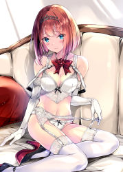 Rule 34 | 1girl, ark royal (kancolle), bad id, bad pixiv id, bare shoulders, bed, blue eyes, blush, bob cut, bow, bowtie, bra, breasts, bride, cleavage, collarbone, elbow gloves, eyes visible through hair, flower, garter belt, garter straps, gloves, hairband, high heels, highres, indoors, kantai collection, kobayashi chisato, light particles, lingerie, looking at viewer, medium breasts, navel, on bed, panties, pumps, red bow, red flower, red hair, red rose, red soles, ribbon, rose, shoes, short hair, sidelocks, sitting, smile, solo, stomach, thighhighs, tiara, underwear, underwear only, white bra, white gloves, white panties, white thighhighs, yokozuwari