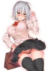 Rule 34 | 1girl, ahoge, bag, black panties, black skirt, black thighhighs, blush, breasts, clothes lift, commentary request, fate/grand order, fate (series), hair between eyes, highleg, highleg panties, highres, jeanne d&#039;arc (fate), jeanne d&#039;arc alter (avenger) (fate), jeanne d&#039;arc alter (fate), kawai (purplrpouni), large breasts, long sleeves, looking at viewer, neckerchief, open mouth, panties, pantyshot, pleated skirt, red neckerchief, school bag, school uniform, shirt, short hair, silver hair, skindentation, skirt, skirt lift, smile, solo, standing, thighhighs, underwear, upskirt, white background, white shirt, wind, wind lift, yellow eyes