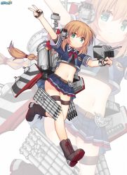 Rule 34 | 1girl, black gloves, blouse, blue shirt, blue skirt, blush, boots, bow, bowtie, braid, breasts, brown hair, copyright name, fingerless gloves, full body, gloves, green eyes, grey footwear, half gloves, heermann (warship girls r), large breasts, long hair, looking at viewer, miniskirt, navel, official art, red bow, red bowtie, see-through, shenbei xiaoqiu, shirt, simple background, single braid, skirt, smile, solo, thigh strap, thighs, v, warship girls r