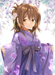 Rule 34 | 1girl, alternate costume, alternate hairstyle, blue hakama, blush, brown eyes, brown hair, commentary request, floral print, flower, green ribbon, hair between eyes, hair bun, hair flower, hair ornament, hair ribbon, hakama, hakama skirt, inazuma (kancolle), japanese clothes, kantai collection, kimono, long hair, looking at viewer, print kimono, purple kimono, ribbon, sash, seminoyu, single hair bun, skirt, sleeves past wrists, smile, solo, wide sleeves, wisteria