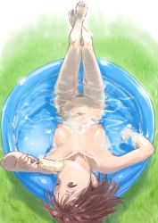 Rule 34 | 1girl, barefoot, breasts, brown hair, completely nude, food, grass, green eyes, highres, looking away, lying, medium breasts, mouth hold, navel, nipples, nude, nudist, on back, original, partially submerged, popsicle, rasukaru, sexually suggestive, short hair, solo, thigh gap, upside-down, wading pool, water