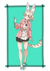 Rule 34 | 1girl, absurdres, alternate costume, animal ears, arm at side, bare legs, blonde hair, blouse, buttons, casual, cat girl, contemporary, extra ears, grey hair, hair ribbon, hand on own hip, highres, jacket, jewelry, kemono friends, long sleeves, looking to the side, medium hair, miniskirt, multicolored hair, neck ribbon, open clothes, open jacket, parted lips, pendant, ribbon, serval tail, shirt, shoes, skirt, solo, tail, tanabe (fueisei), two-tone hair, unbuttoned, walking, white serval (kemono friends)