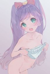 Rule 34 | 1girl, aqua eyes, blush, bow, breasts, completely nude, covering privates, covering breasts, frilled panties, frills, grey background, hair bow, heart, highres, holding, holding clothes, holding panties, holding underwear, hyakumangoku masurao, long hair, looking at viewer, manaka laala, nipple slip, nipples, nude, open mouth, panties, pretty series, pripara, purple hair, red bow, simple background, small breasts, solo, sweat, twintails, underwear, white panties