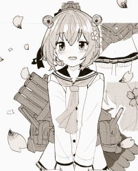 Rule 34 | 1girl, bad id, bad twitter id, bonozako, dress, headset, kantai collection, looking at viewer, machinery, monochrome, neckerchief, open mouth, petals, round teeth, sailor dress, sepia, short hair, smile, solo, speaking tube headset, teeth, torpedo launcher, upper teeth only, yukikaze (kancolle)