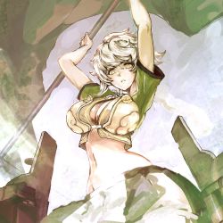 Rule 34 | 1girl, braid, breasts, cleavage, flag, highres, holding, holding flag, kantai collection, large breasts, long hair, looking at viewer, navel, nona (goodboy), short sleeves, single braid, solo, unryuu (kancolle), very long hair, white hair, yellow eyes