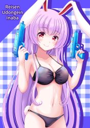 Rule 34 | 1girl, absurdres, alternate costume, animal ears, bare shoulders, bikini, black bikini, blue background, breasts, character name, closed mouth, collarbone, commentary request, eyes visible through hair, hands up, highres, holding, holding water gun, light purple hair, long hair, looking at viewer, medium breasts, navel, plaid, plaid background, purple hair, rabbit ears, rabbit tail, red eyes, reimei (r758120518), reisen udongein inaba, smile, solo, standing, stomach, swimsuit, tail, touhou, very long hair, water gun, weapon, white background