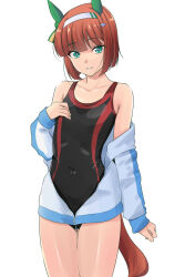 Rule 34 | 1girl, aged up, alternate hair length, alternate hairstyle, animal ears, black one-piece swimsuit, blue jacket, blunt bangs, commentary request, competition swimsuit, ear covers, green eyes, highres, horse ears, horse girl, horse tail, jacket, jacket partially removed, long hair, looking at viewer, nishi koutarou, one-piece swimsuit, parted lips, silence suzuka (umamusume), simple background, solo, swimsuit, tail, umamusume, white background