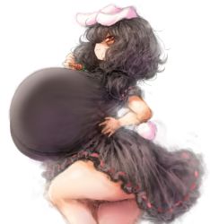 Rule 34 | 1girl, 2b-ge, :3, alternate color, alternate costume, black dress, black hair, breasts, carrot necklace, dress, gigantic breasts, hand on own hip, highres, inaba tewi, looking at viewer, messy hair, necklace, oppai loli, rabbit ears, rabbit girl, rabbit tail, red eyes, short hair, smile, smug, thick thighs, thighs, touhou