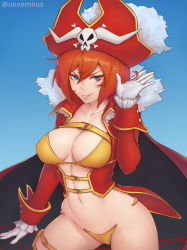 Rule 34 | 1girl, belt, blue eyes, breasts, c-string, cape, cleavage, collarbone, frilled sleeves, frills, gloves, grin, hat, highres, lalaco godspeed, large breasts, lips, long sleeves, looking at viewer, navel, parted lips, pirate, pirate hat, pouch, red hair, revealing clothes, short hair, skull and crossbones, smile, solo, strapless bottom, thigh pouch, thigh strap, uchuu patrol luluco, unsomnus, white gloves