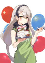 Rule 34 | 1girl, apron, balloon, black hairband, black shirt, brown eyes, bullet, cake, closed mouth, commentary, commission, english commentary, food, gift, girls&#039; frontline, green apron, grey hair, hairband, happy birthday, highres, holding, holding knife, holding tray, knife, long hair, looking at viewer, mg4 (girls&#039; frontline), mg4 (mod3) (girls&#039; frontline), pixiv commission, ranyu, shirt, solo, standing, tray, white background