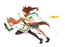 Rule 34 | 2girls, animal ears, black gloves, black pantyhose, breasts, brown hair, clenched hand, crop top, cropped jacket, ear covers, fingerless gloves, gloves, green eyes, green skirt, hairband, high heels, horse ears, horse girl, horse tail, jacket, jewelry, long hair, long sleeves, mejiro palmer (umamusume), midriff, multiple girls, nanaheibei 3, necklace, open mouth, orange hair, pantyhose, pleated skirt, ponytail, running, shoes, sideways mouth, silence suzuka (umamusume), single glove, skirt, small breasts, tail, umamusume, white background, white gloves, white jacket, white skirt