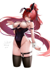 Rule 34 | 1girl, 2024, absurdres, animal ears, arm strap, armpit crease, bare shoulders, between breasts, black bra, black leotard, black necktie, black thighhighs, blush, bra, breasts, circle facial mark, cleavage, collar, commentary, covered navel, cropped legs, dated, detached collar, earrings, english commentary, fake animal ears, flower hairpin, hair between eyes, hair intakes, hair ornament, hairpin, hand up, high ponytail, highleg, highleg leotard, highres, jewelry, large breasts, leotard, long hair, looking at viewer, necktie, necktie between breasts, playboy bunny, purple eyes, rabbit ears, red hair, sanvicept, sidelocks, signature, simple background, skindentation, smile, solo, standing, thigh strap, thighhighs, thighs, twitter username, underwear, very long hair, white background, white collar, white nails, white wrist cuffs, wrist cuffs, wuthering waves, yinlin (wuthering waves)