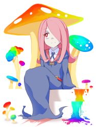 Rule 34 | 10s, 1girl, belt, blue necktie, closed mouth, collared shirt, flipped hair, bad tag, full body, hair over one eye, head tilt, highres, little witch academia, long hair, long sleeves, looking away, mushroom, necktie, paint, pink hair, red eyes, robe, shirt, sitting, smile, solo, stairs, sucy manbavaran, tei-o, white background, white shirt, wing collar