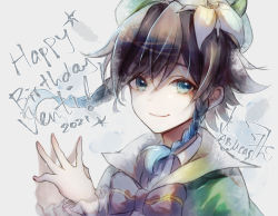 Rule 34 | 1boy, androgynous, beret, black hair, blue hair, bow, braid, cape, character name, closed mouth, collared cape, collared shirt, commentary, english commentary, english text, flower, frilled sleeves, frills, genshin impact, gradient hair, green eyes, green hat, happy birthday, hat, hat flower, hazel (silver vine), leaf, long sleeves, looking at viewer, male focus, multicolored hair, own hands together, shirt, smile, solo, star (symbol), symbol-only commentary, twin braids, venti (genshin impact), white flower, white shirt