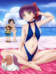 Rule 34 | 1boy, 2girls, :d, ^ ^, animal, arm up, bare arms, bare legs, bare shoulders, barefoot, beach, bikini, blue one-piece swimsuit, blue shorts, blue sky, blush, bow, brown hair, closed eyes, closed mouth, cloud, collarbone, commentary request, crossed ankles, day, dog, fang, fang out, gegege no kitarou, geta, green bikini, groin, hair bow, hair ornament, hair over one eye, hairclip, head tilt, highres, horizon, inuyama mana, kitarou, long hair, looking at viewer, mameshiba (pixiv 59310), multiple girls, navel, nekomusume, nekomusume (gegege no kitarou 6), o-ring, o-ring swimsuit, ocean, one-piece swimsuit, open mouth, outdoors, purple hair, red bow, sand, short shorts, shorts, sitting, sky, smile, standing, striped clothes, striped vest, swimsuit, vest, water, yellow eyes