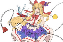 Rule 34 | 1girl, belt, blonde hair, blue skirt, bow, chain, choko (cup), cup, dutch angle, frilled shirt, frilled shirt collar, frilled skirt, frills, hair bow, highres, horn ornament, horn ribbon, horns, ibuki suika, layered skirt, long hair, looking at viewer, oni, oni horns, open mouth, orange eyes, orb, purple skirt, pyramid (structure), red bow, ribbon, shirt, simple background, skirt, sleeveless, sleeveless shirt, solo, tatara katsusan, touhou, white background, white shirt