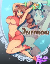 Rule 34 | 1girl, agawa ryou, armpits, arms up, artist name, blue eyes, bracer, breasts, brown hair, female focus, large breasts, long hair, navel, open mouth, pants, ponytail, shoes, solo, tank top, underboob