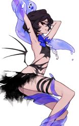 Rule 34 | 1girl, armpits, arms up, bad id, bad twitter id, black eyes, black hair, blue neckwear, blue ribbon, commentary, copyright request, dress, feet out of frame, flat chest, from side, hair between eyes, legband, looking back, looking to the side, low wings, mo (mocopo), navel, restrained, ribbon, short hair, simple background, slime (substance), sweat, tentacles, thigh strap, torn clothes, torn dress, torn ribbon, white background, wings