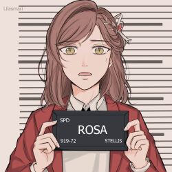 Rule 34 | 1girl, :o, absurdres, artist name, barbie mugshot (meme), bow, brown hair, character name, commentary, english commentary, green eyes, hair bow, highres, holding, jacket, lilasmari, long hair, long sleeves, looking at viewer, meme, mugshot, open mouth, red jacket, rosa (tears of themis), solo, sweat, tears of themis, upper body