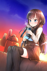 Rule 34 | 10s, 1girl, asashio (kancolle), belt, black hair, black scarf, black thighhighs, blue eyes, comah, cup, dress, holding, holding cup, kantai collection, long hair, long sleeves, pinafore dress, scarf, school uniform, shirt, sitting, sleeveless, sleeveless dress, solo, thighhighs, white shirt